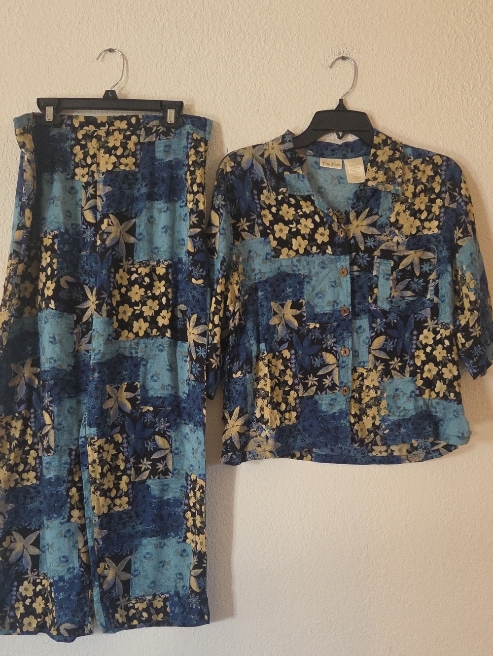 Bobbie Brooks Blue & Yellow Floral Two-Piece Wide Leg Set